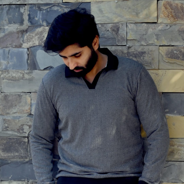 Grey Ribbed Full-Sleeve Polo Shirt