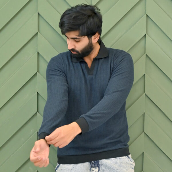 Grey Ribbed Full-Sleeve Polo Shirt