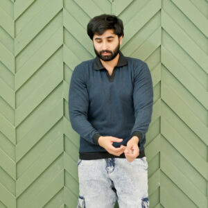 Grey Ribbed Full-Sleeve Polo Shirt