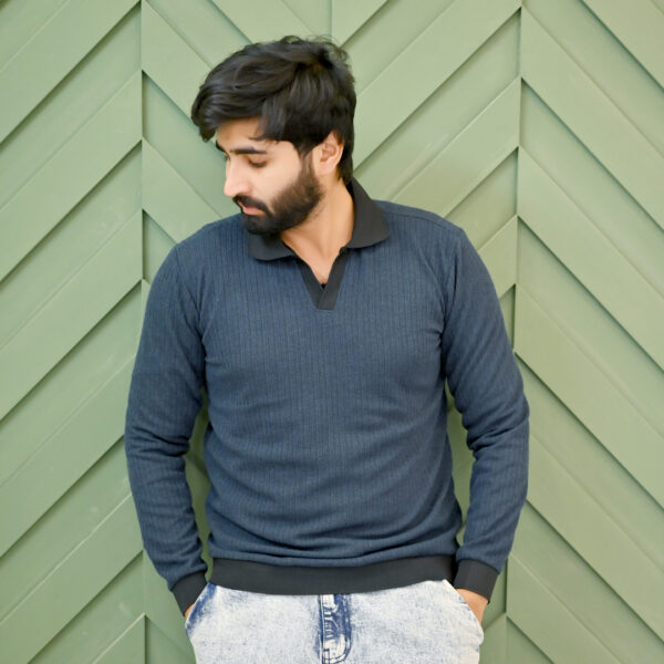 Grey Ribbed Full-Sleeve Polo Shirt