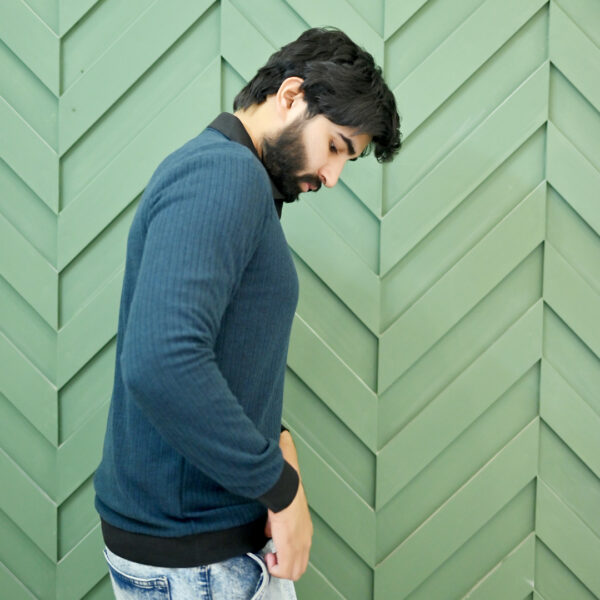 Navy blue Ribbed Full-Sleeve Polo Shirt